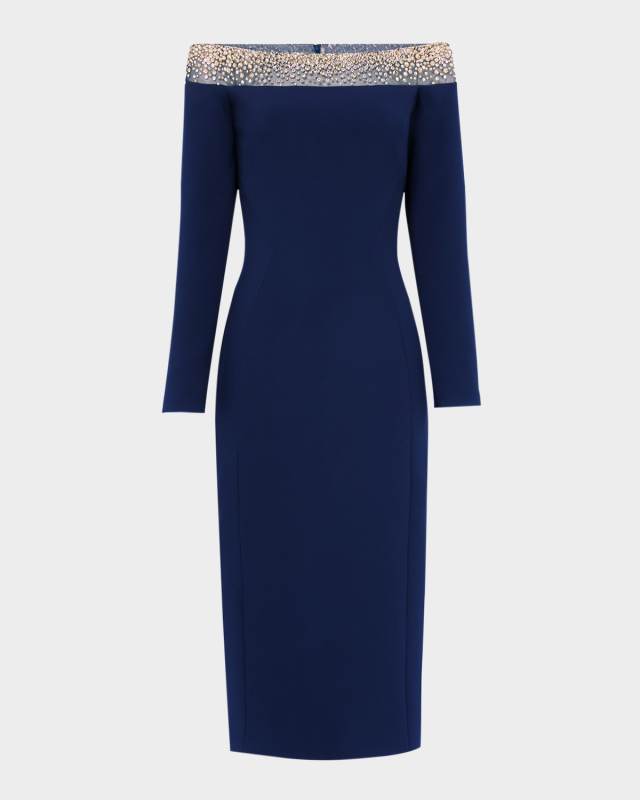 Calypso Embellished Off-The-Shoulder Crepe Midi Dress